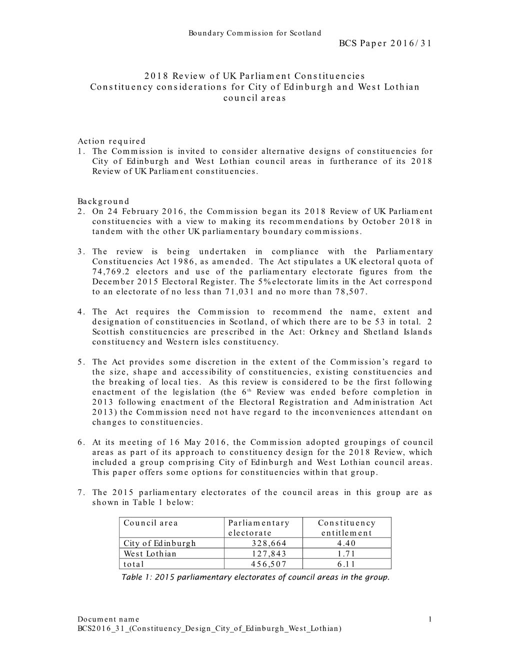 BCS Paper 2016/31 2018 Review of UK Parliament Constituencies Constituency Considerations for City of Edinburgh and West Lothian