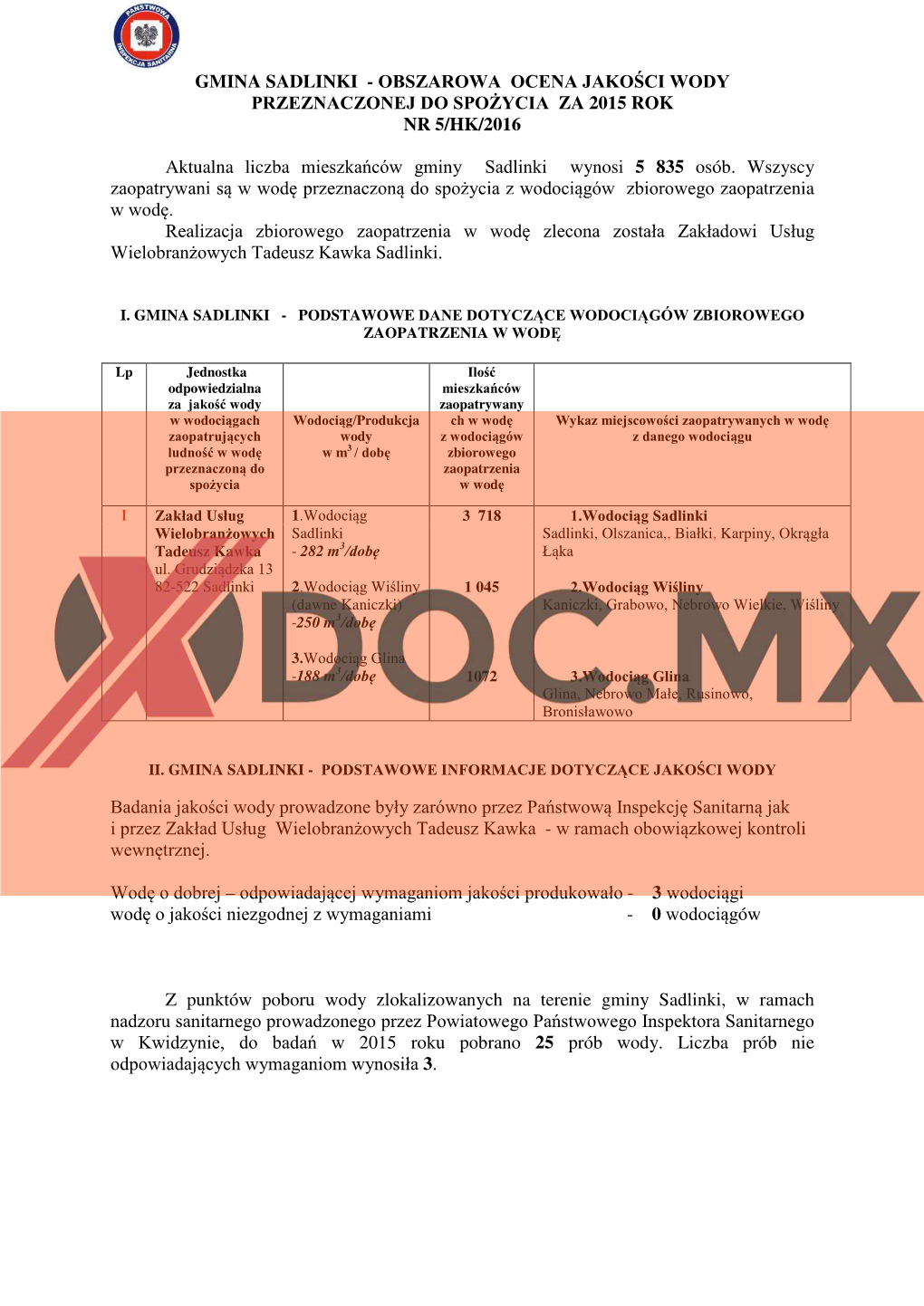 Gmina Sadlinki - Obszarowa Ocena Jakości Wody Przeznaczonej Do Spożycia Za 2015 Rok Nr 5/Hk/2016
