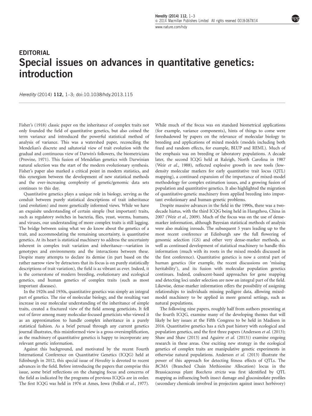 Special Issues on Advances in Quantitative Genetics: Introduction