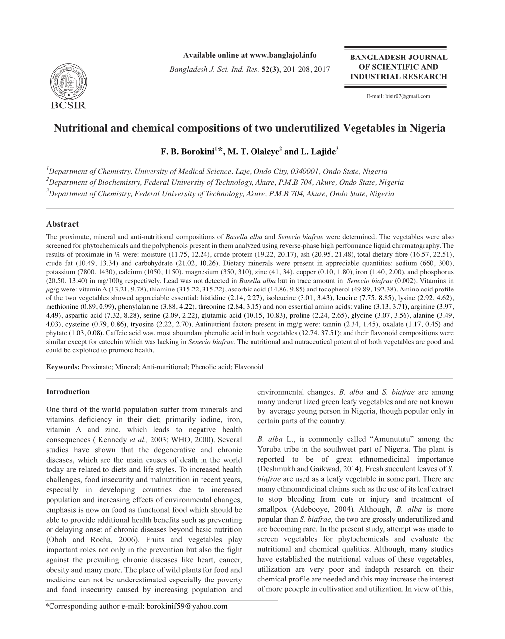 Nutritional and Chemical Compositions of Two Underutilized Vegetables in Nigeria