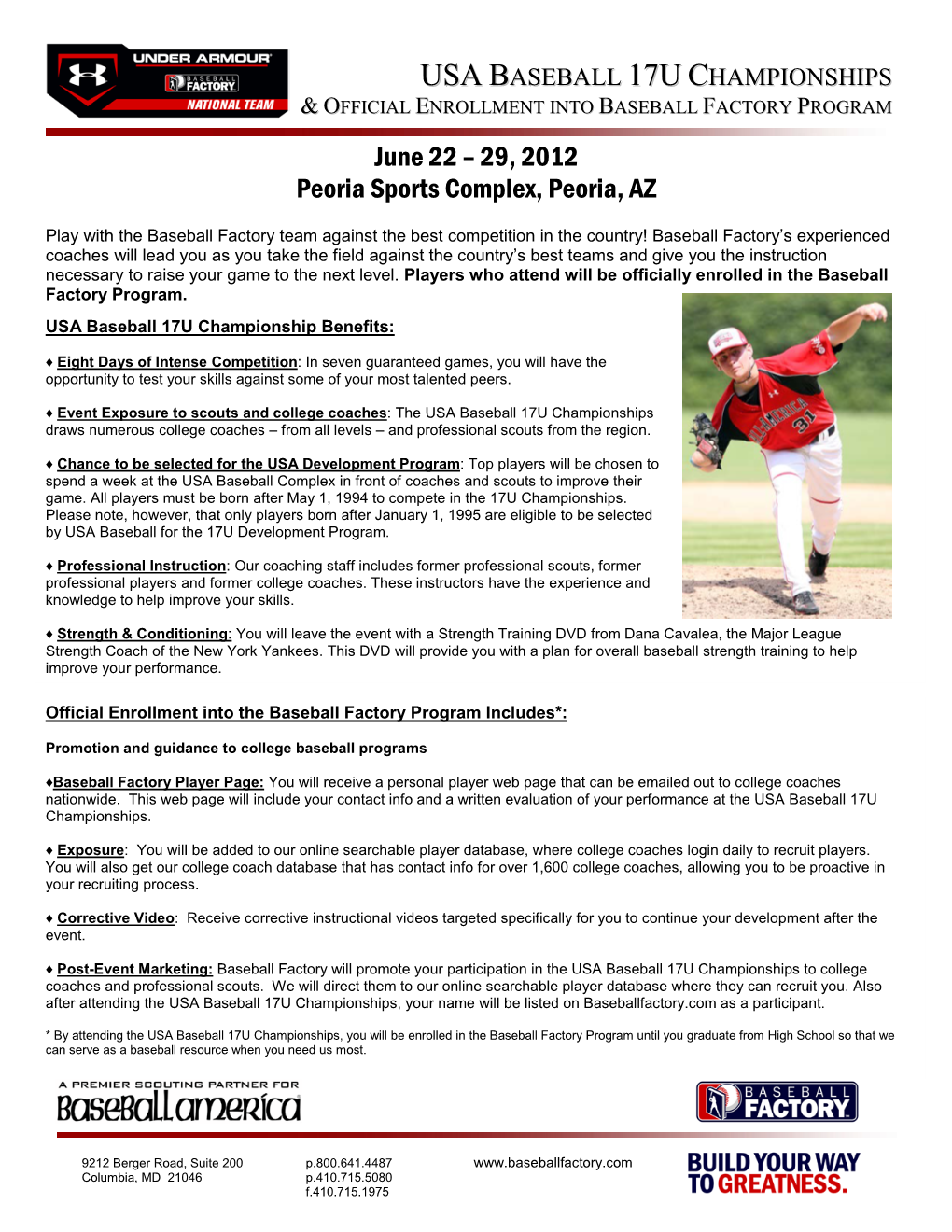 Usa Baseball 17U Championships & Official Enrollment Into Baseball Factory Program