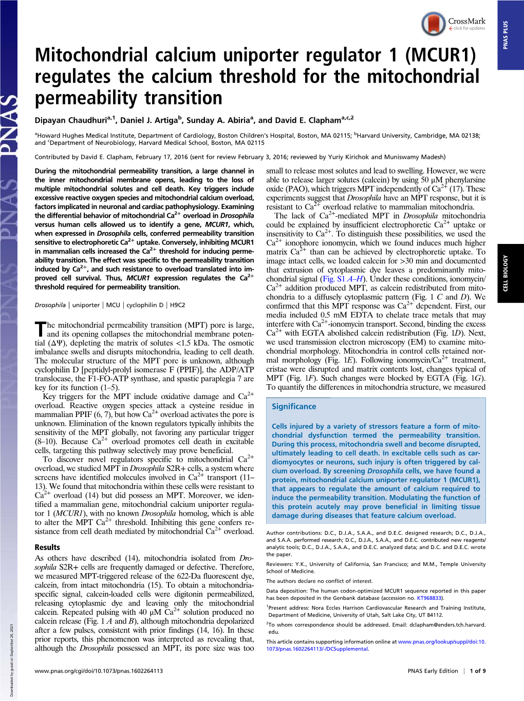 Mitochondrial Calcium Uniporter Regulator 1 (MCUR1) PNAS PLUS Regulates the Calcium Threshold for the Mitochondrial Permeability Transition