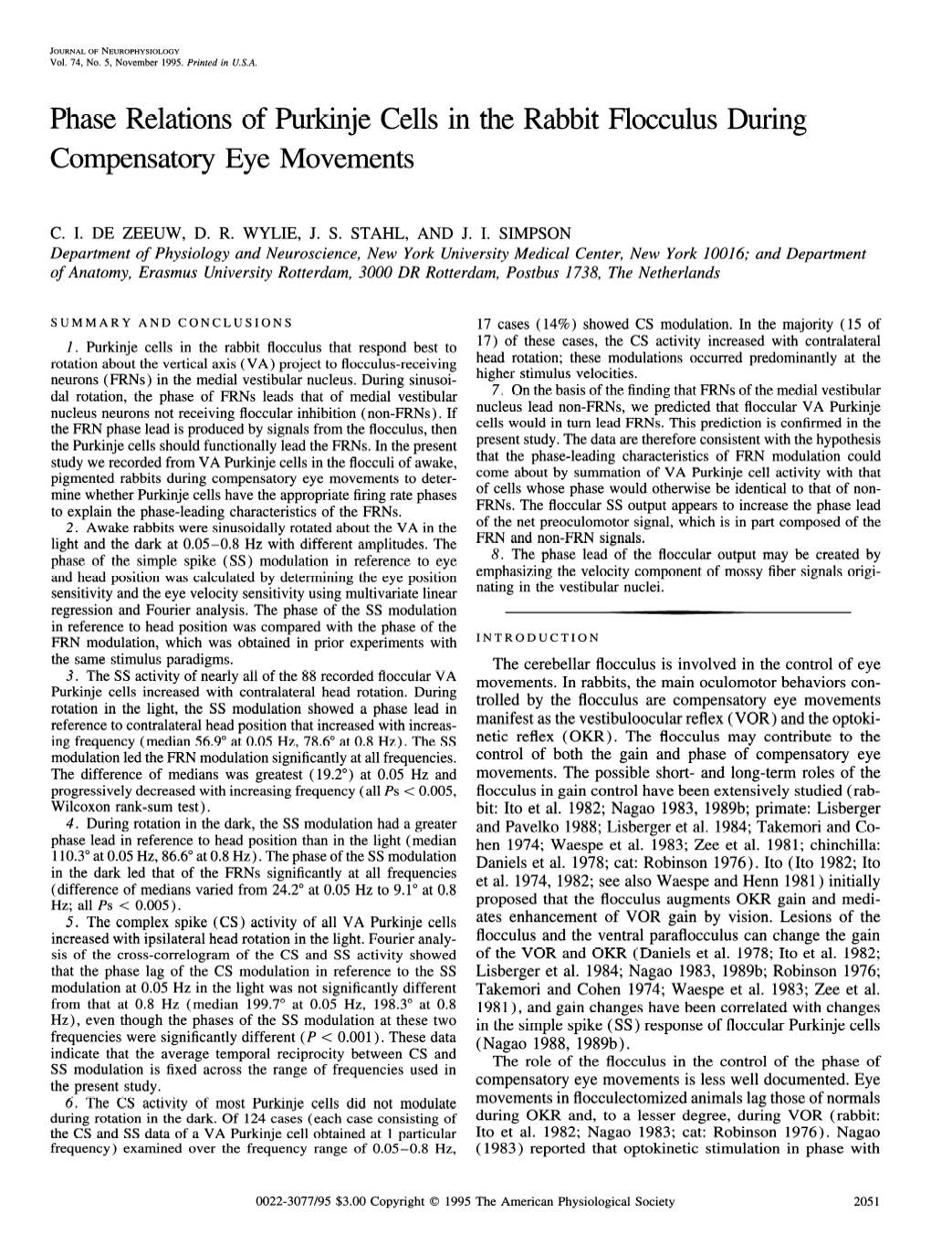 Phase Relations of Purkinje Cells in the Rabbit Flocculus During Compensatory Eye Movements