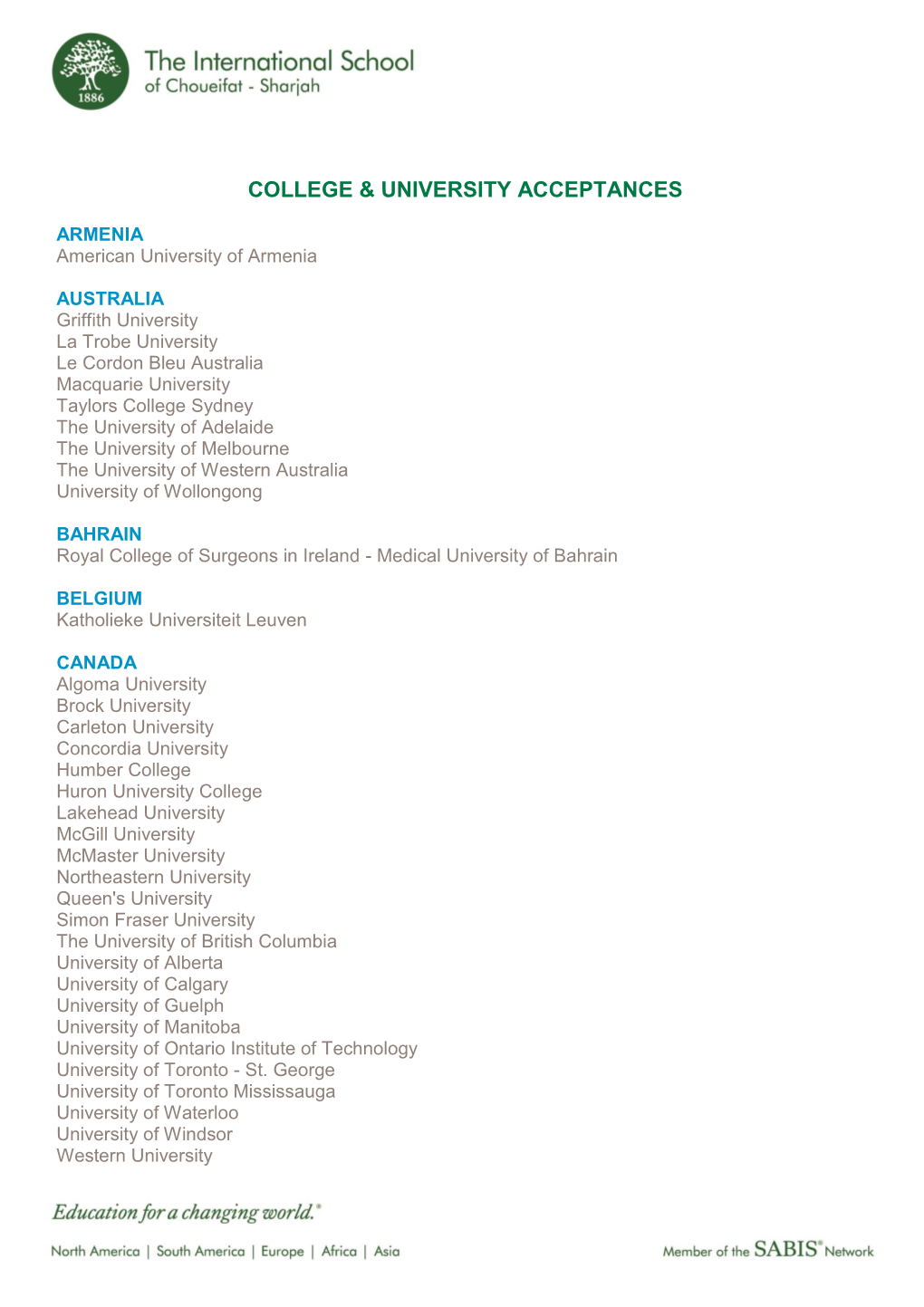 College & University Acceptances