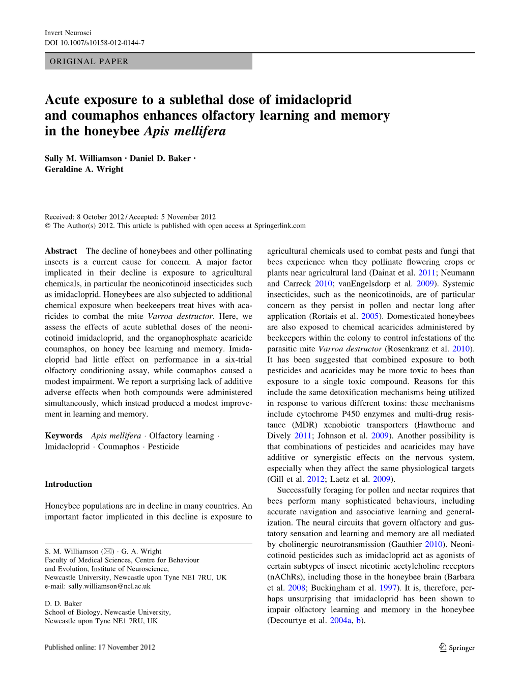 Acute Exposure to a Sublethal Dose of Imidacloprid and Coumaphos Enhances Olfactory Learning and Memory in the Honeybee Apis Mellifera