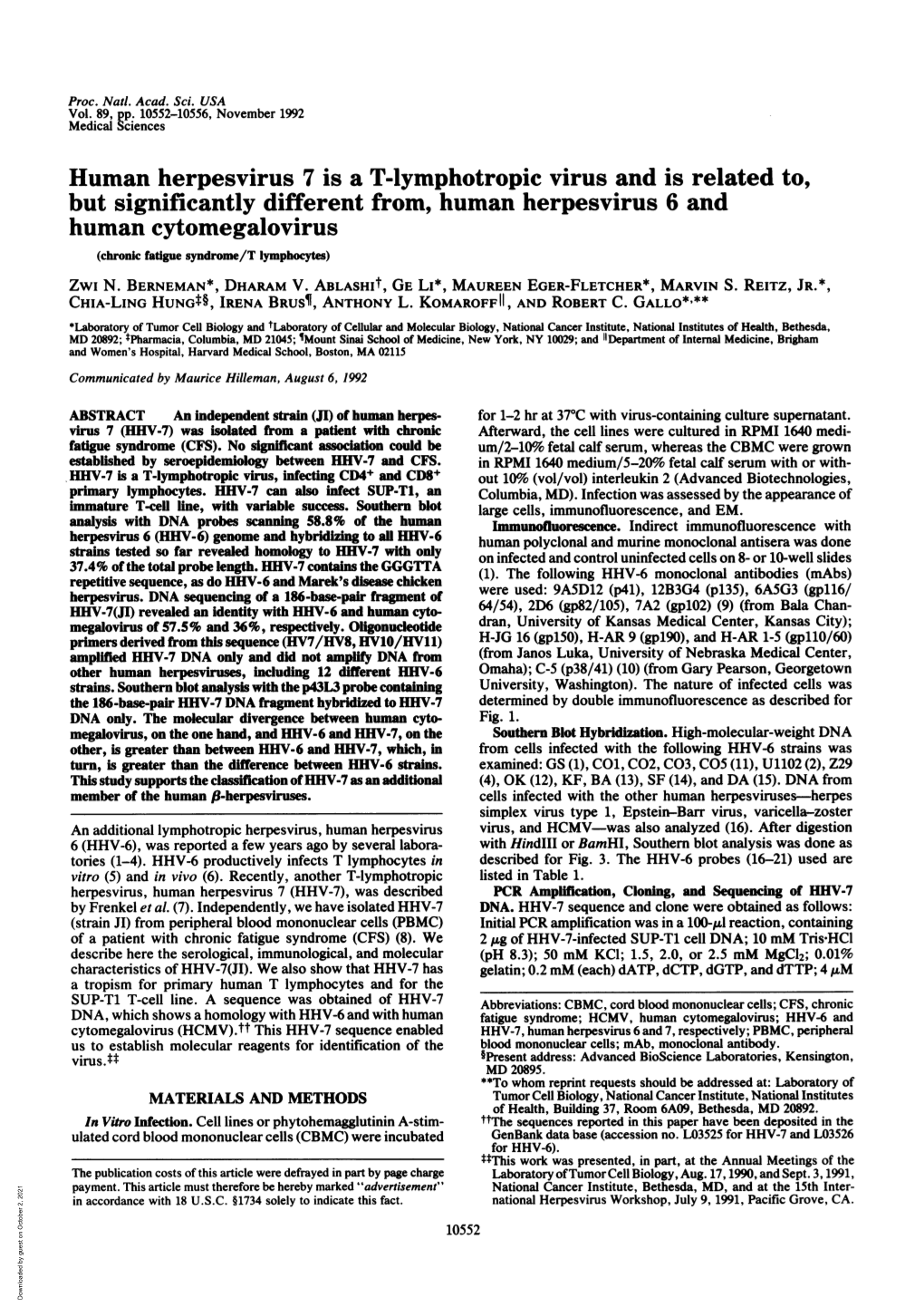 But Significantly Different From, Human Herpesvirus 6 and Human Cytomegalovirus (Chronic Fatigue Syndrome/T Lymphocytes) Zwi N