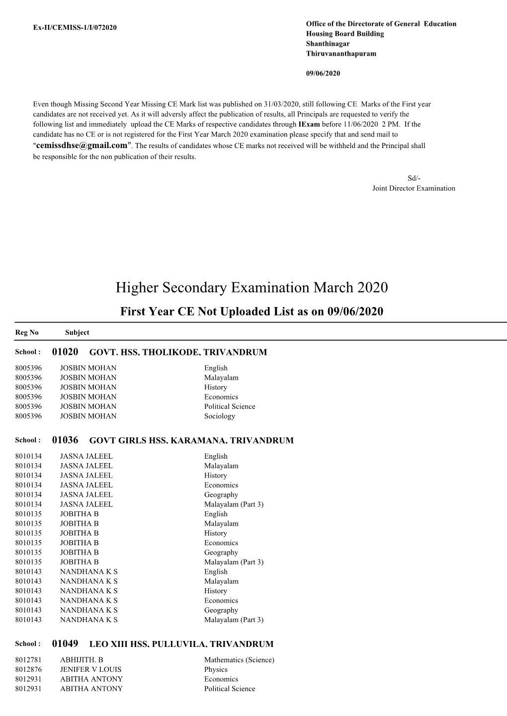 Higher Secondary Examination March 2020 First Year CE Not Uploaded List As on 09/06/2020