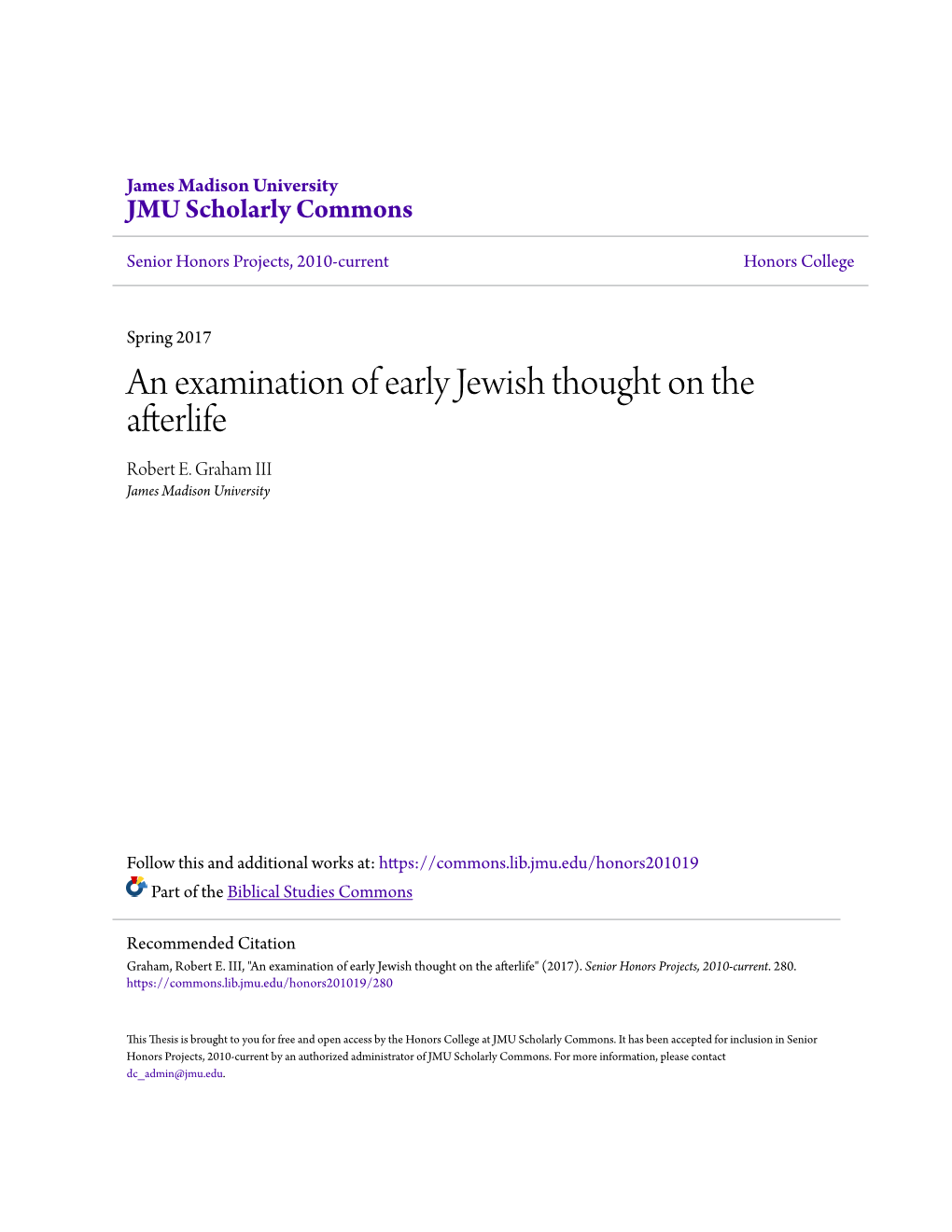 An Examination of Early Jewish Thought on the Afterlife Robert E