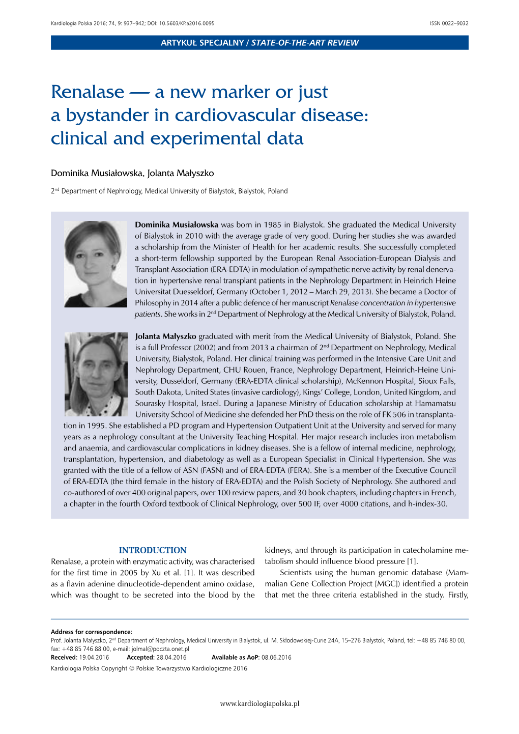 Renalase — a New Marker Or Just a Bystander in Cardiovascular Disease: Clinical and Experimental Data