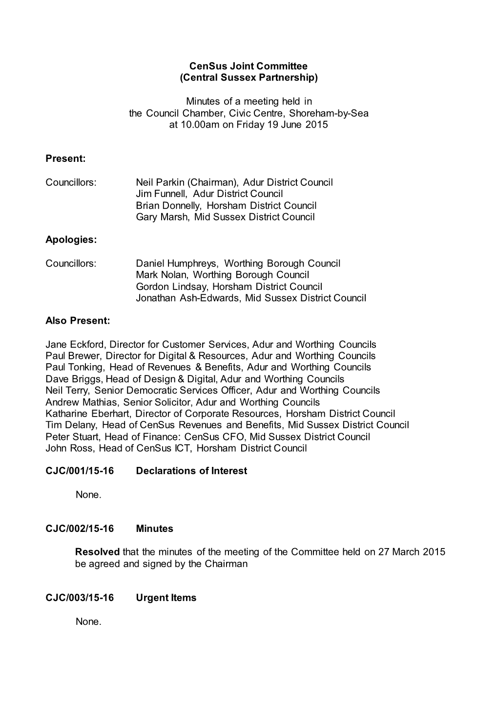 Census Joint Committee (Central Sussex Partnership)