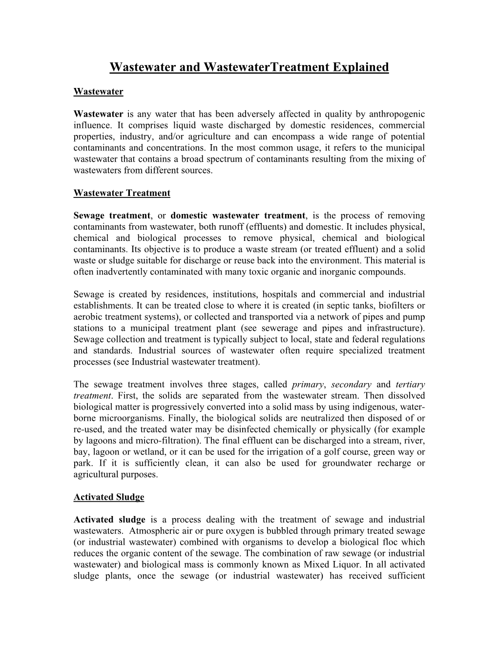 Wastewater and Wastewatertreatment Explained