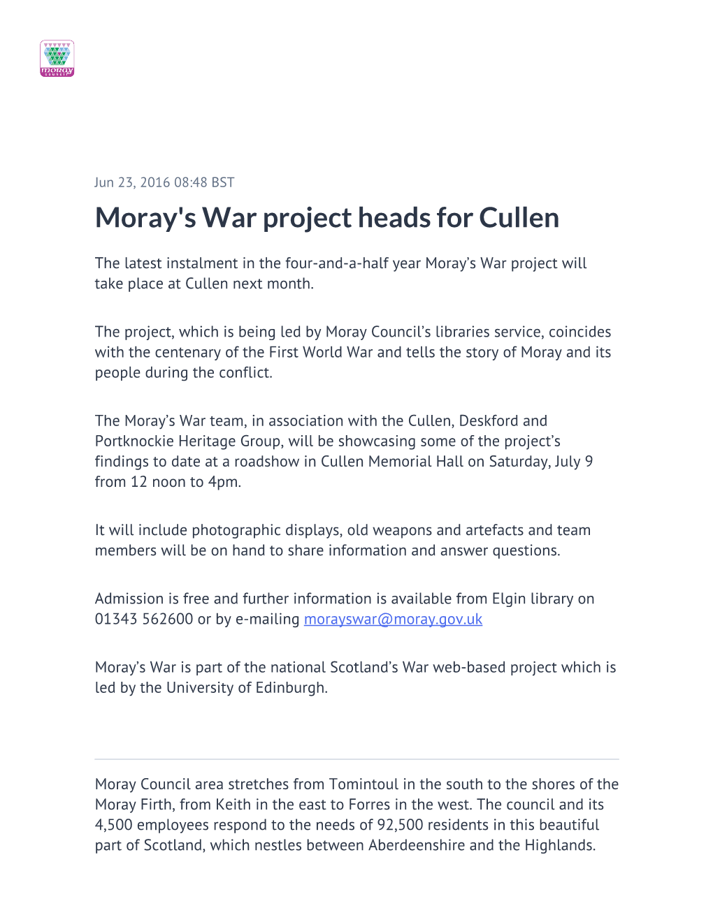 Moray's War Project Heads for Cullen