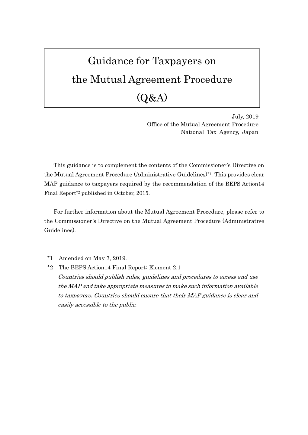 Guidance for Taxpayers on the Mutual Agreement Procedure (Q&A)