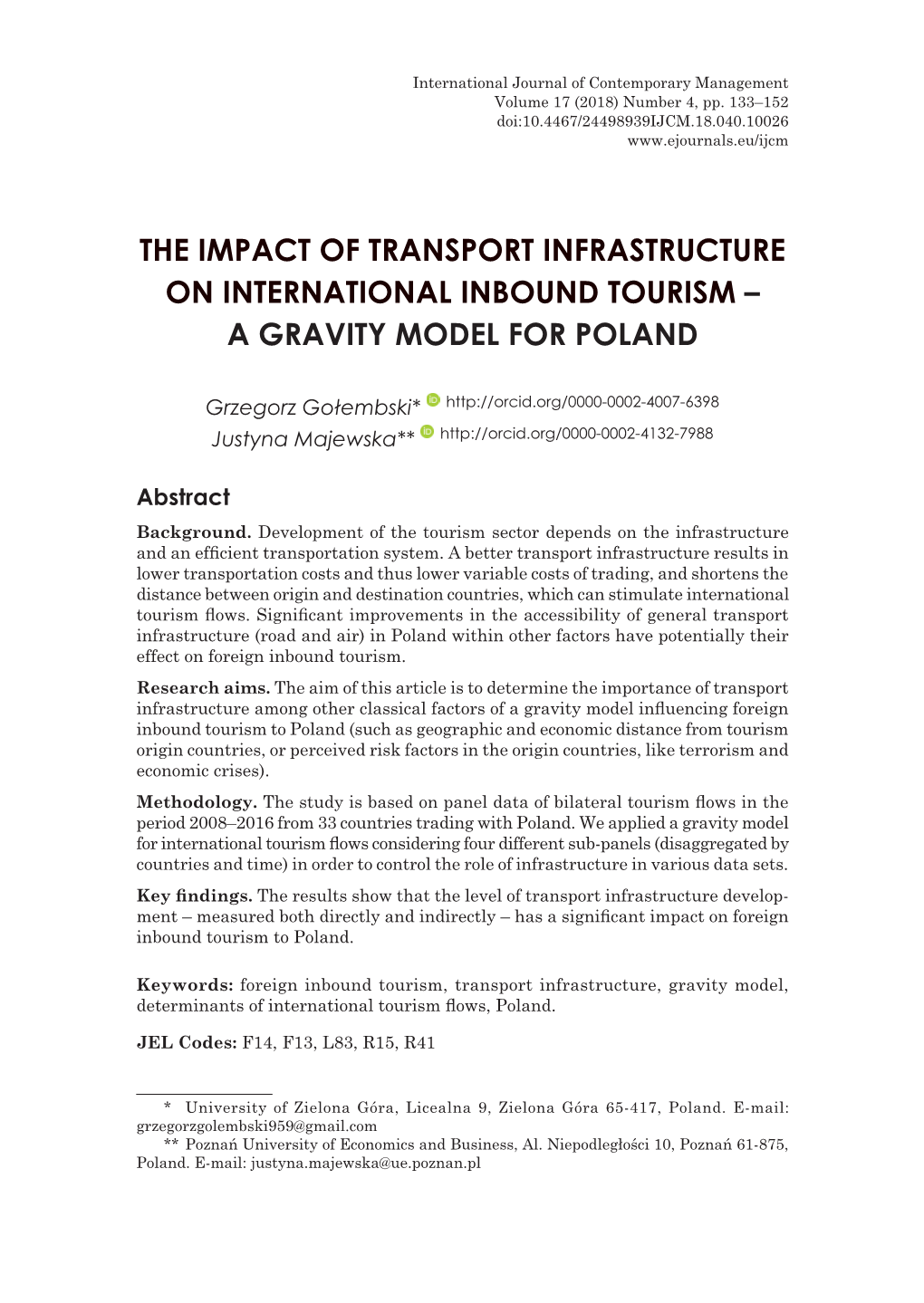 The Impact of Transport Infrastructure on International Inbound Tourism – a GRAVITY MODEL for POLAND