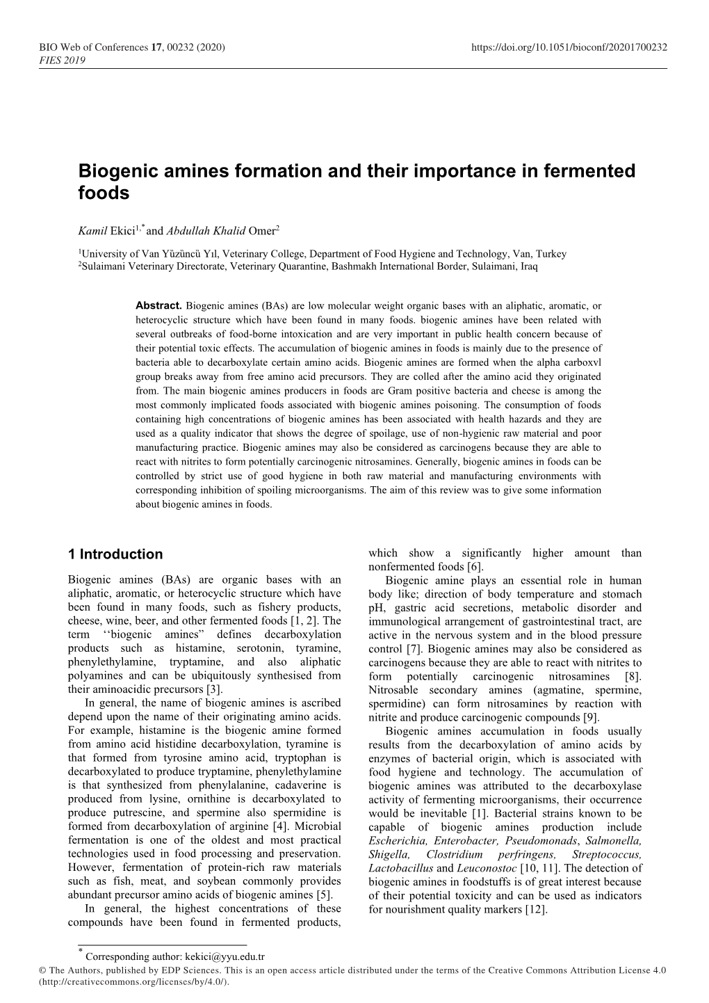 Biogenic Amines Formation and Their Importance in Fermented Foods