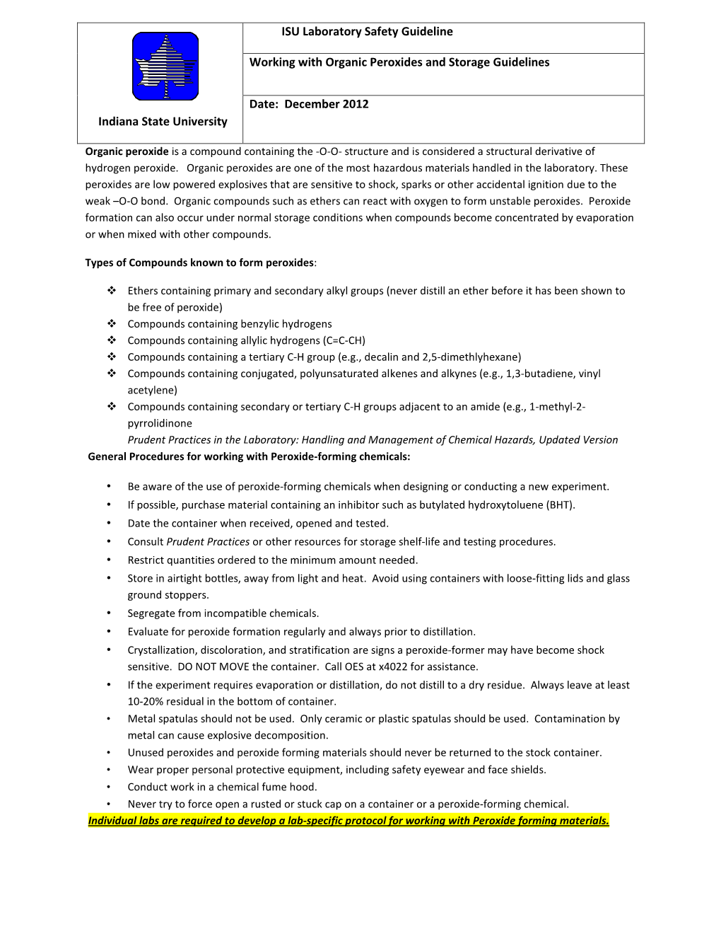 Indiana State University ISU Laboratory Safety Guideline