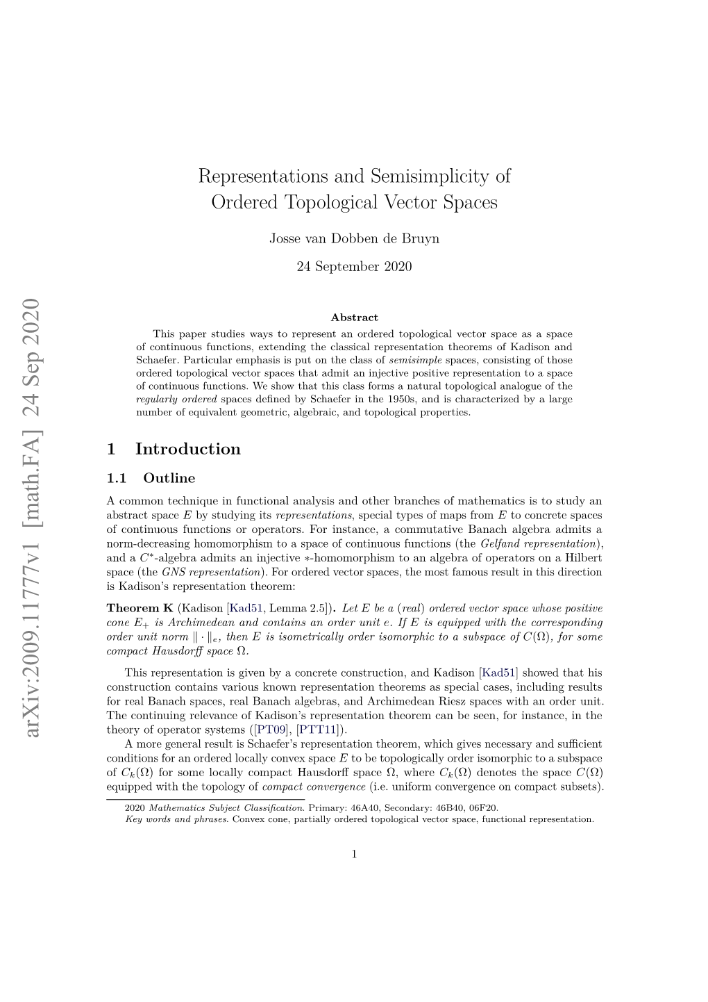 Representations and Semisimplicity of Ordered Topological Vector Spaces
