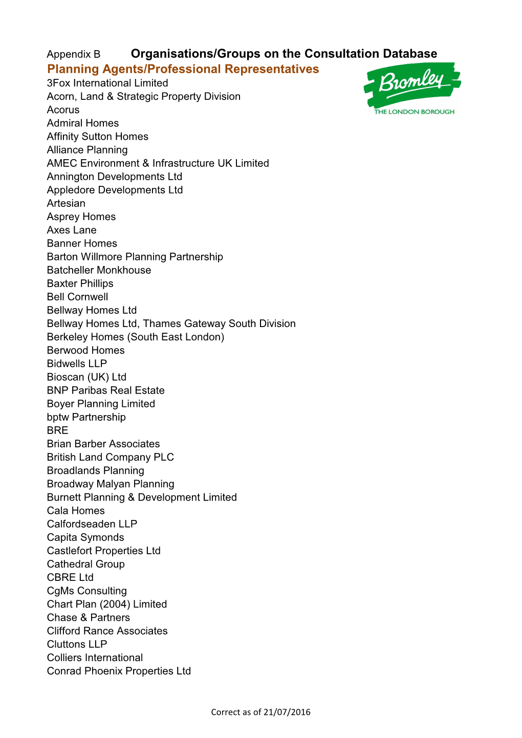 Organisations/Groups on the Consultation Database Planning