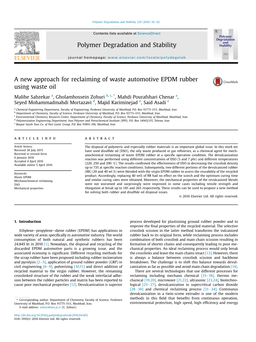 A New Approach for Reclaiming of Waste Automotive EPDM Rubber Using Waste Oil