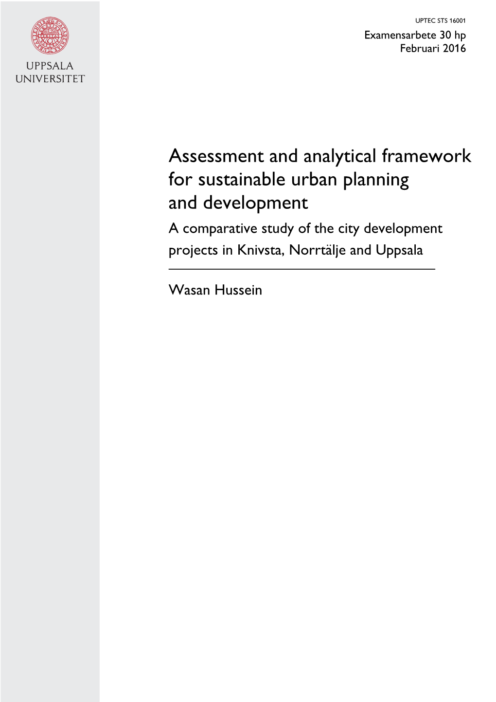 Assessment and Analytical Framework for Sustainable Urban Planning And