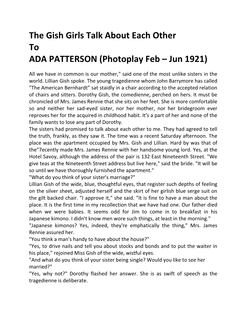 The Gish Girls Talk About Each Other to ADA PATTERSON (Photoplay Feb – Jun 1921)