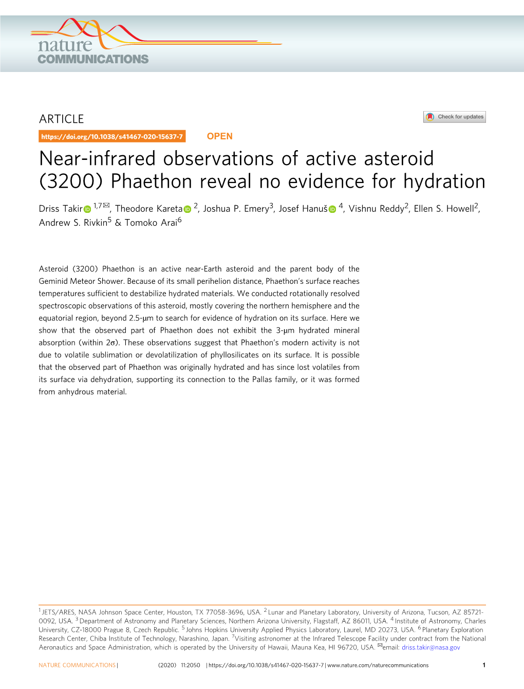 Near-Infrared Observations of Active Asteroid (3200) Phaethon Reveal No Evidence for Hydration ✉ Driss Takir 1,7 , Theodore Kareta 2, Joshua P