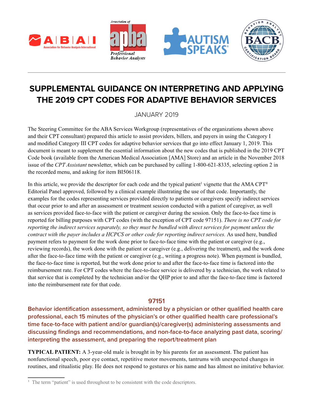 Interpreting and Applying the 2019 Cpt Codes for Adaptive Behavior Services January 2019