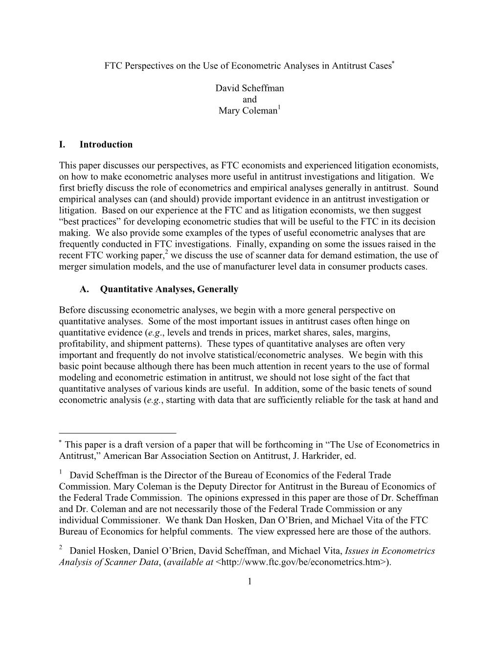 1 FTC Perspectives on the Use of Econometric Analyses in Antitrust