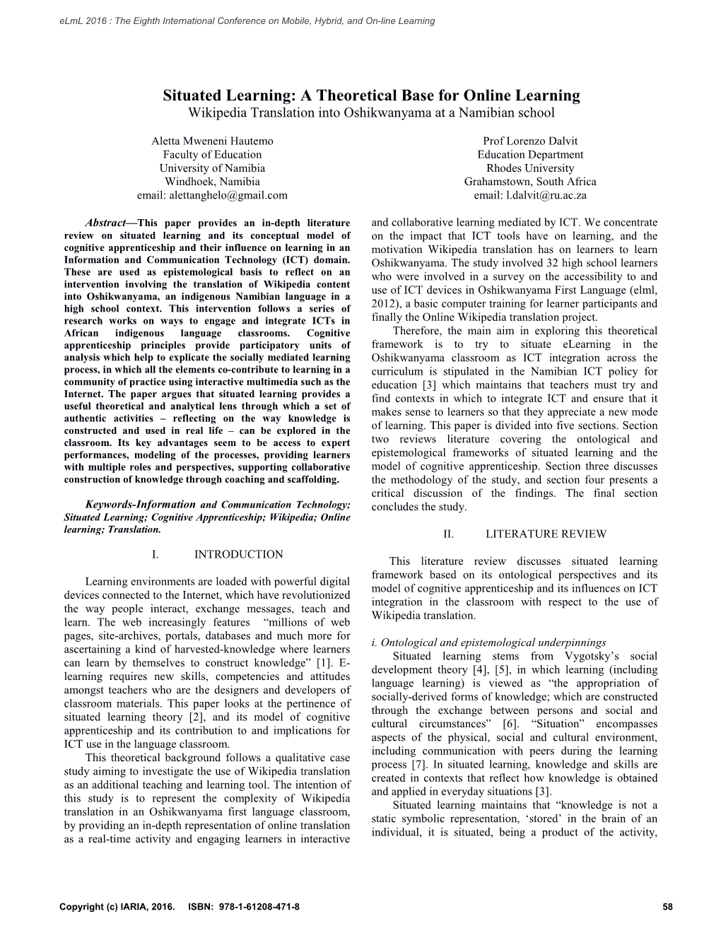 Situated Learning: a Theoretical Base for Online Learning Wikipedia Translation Into Oshikwanyama at a Namibian School