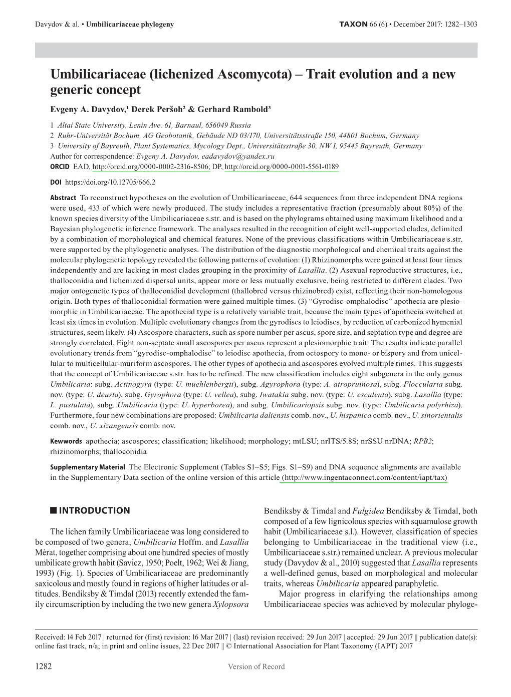 Umbilicariaceae Phylogeny TAXON 66 (6) • December 2017: 1282–1303