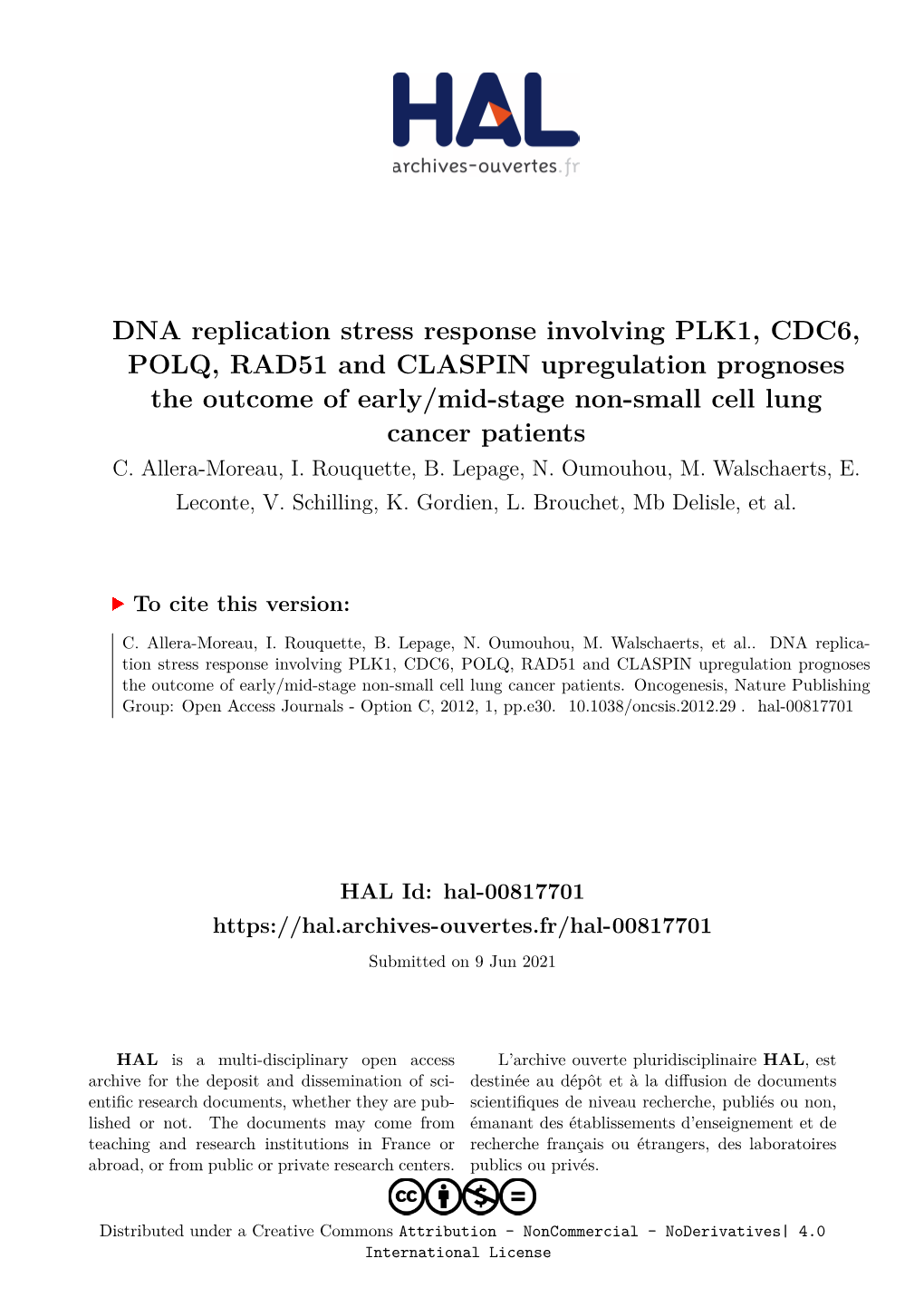 DNA Replication Stress Response Involving PLK1, CDC6, POLQ