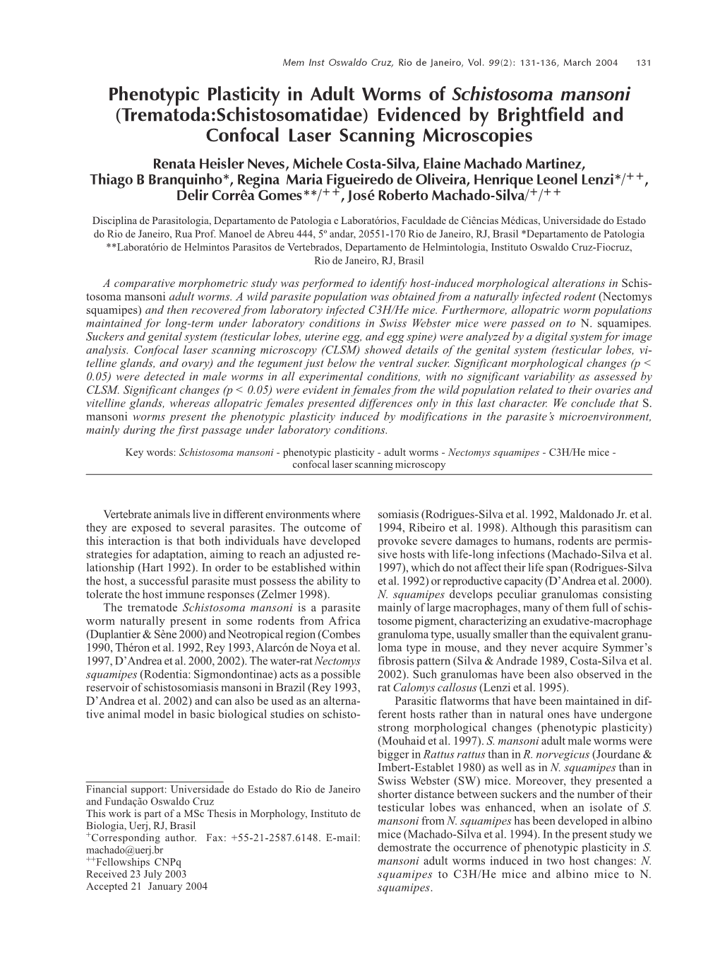 Phenotypic Plasticity in Adult Worms of Schistosoma Mansoni (Trematoda:Schistosomatidae) Evidenced by Brightfield and Confocal L