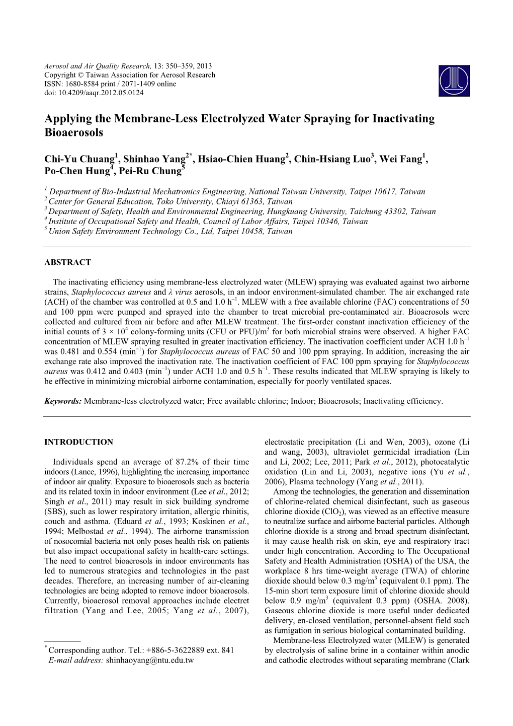 Applying the Membrane-Less Electrolyzed Water Spraying for Inactivating Bioaerosols