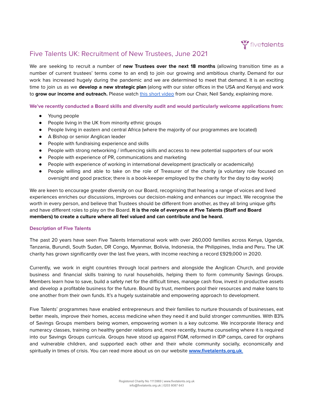 Five Talents UK: Recruitment of New Trustees, June 2021