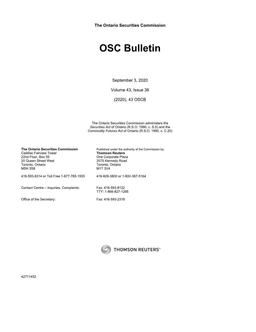 OSC Bulletin Volume 43, Issue 36 (September 3, 2020)