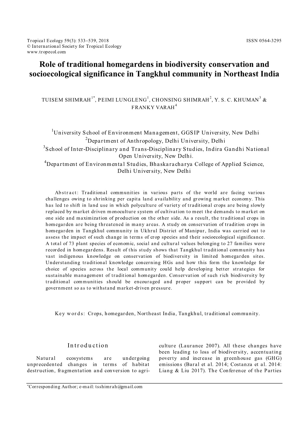 Role of Traditional Homegardens in Biodiversity Conservation and Socioecological Significance in Tangkhul Community in Northeast India