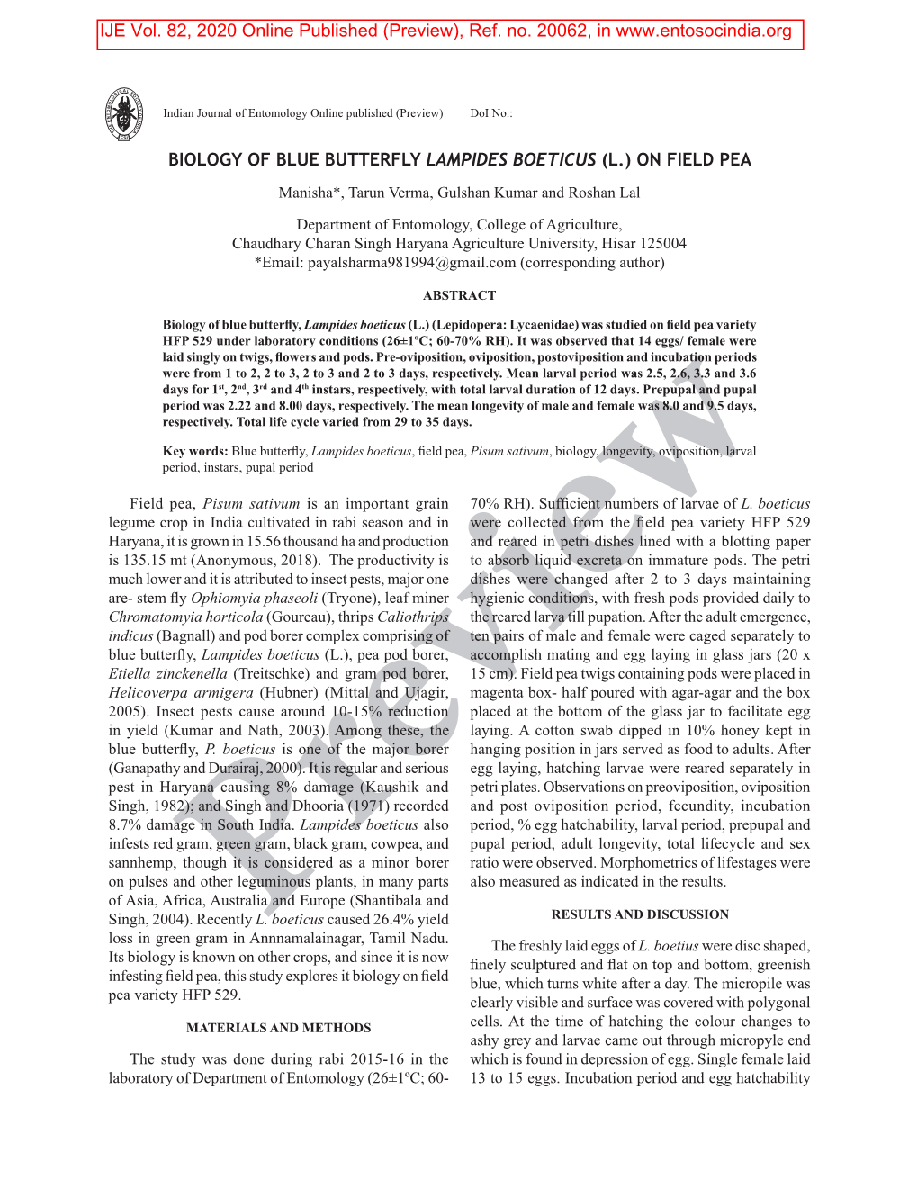 Biology of Blue Butterfly Lampides Boeticus (L.) on Field Pea