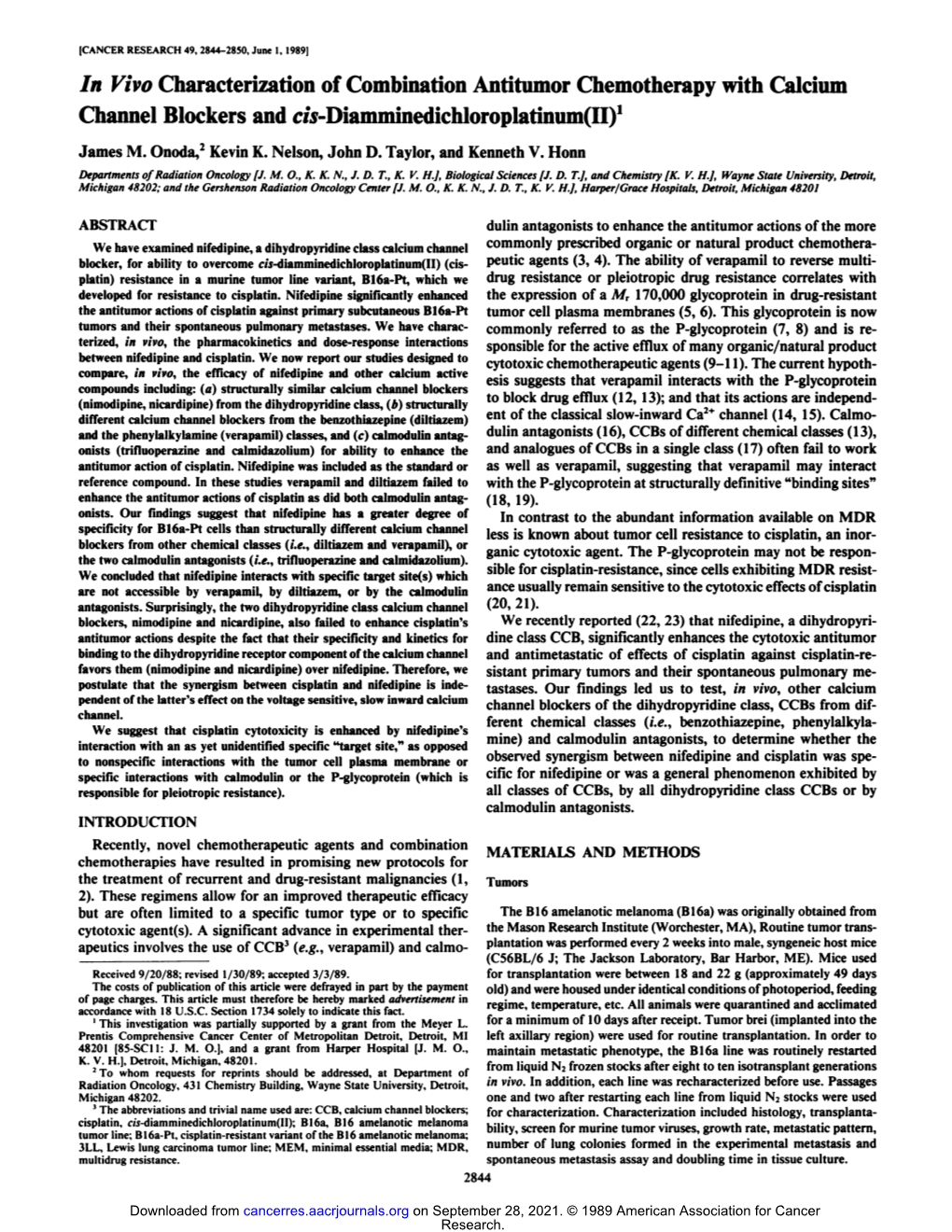 In Vivo Characterization of Combination Antitumor Chemotherapy with Calcium Channel Blockers and Ci5-Diamminedichloroplatinum(II)1