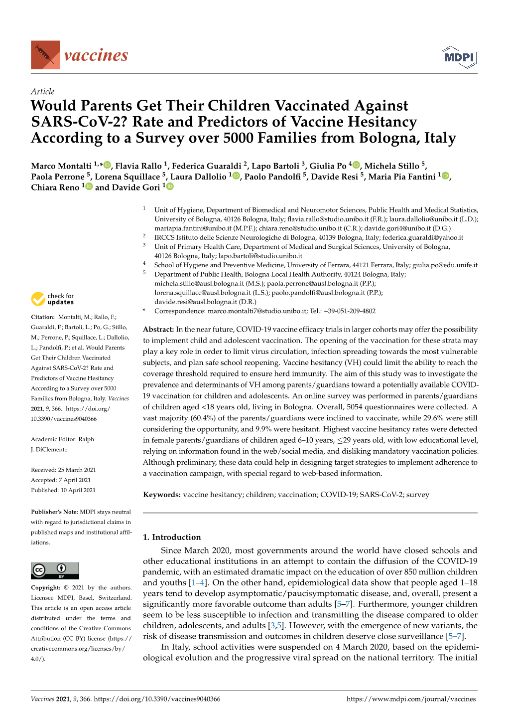 Would Parents Get Their Children Vaccinated Against SARS-Cov-2? Rate and Predictors of Vaccine Hesitancy According to a Survey Over 5000 Families from Bologna, Italy