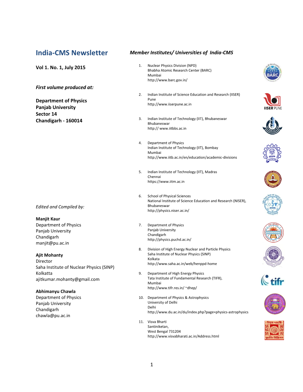 India-CMS Newsletter Member Institutes/ Universities of India-CMS