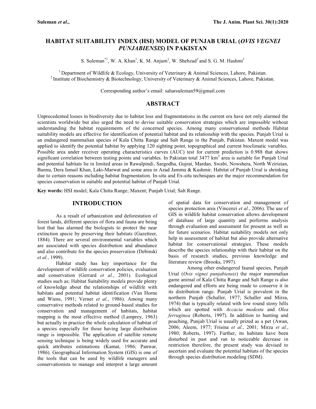 Habitat Suitability Index (Hsi) Model of Punjab Urial (Ovis Vegnei Punjabiensis) in Pakistan Abstract Introduction