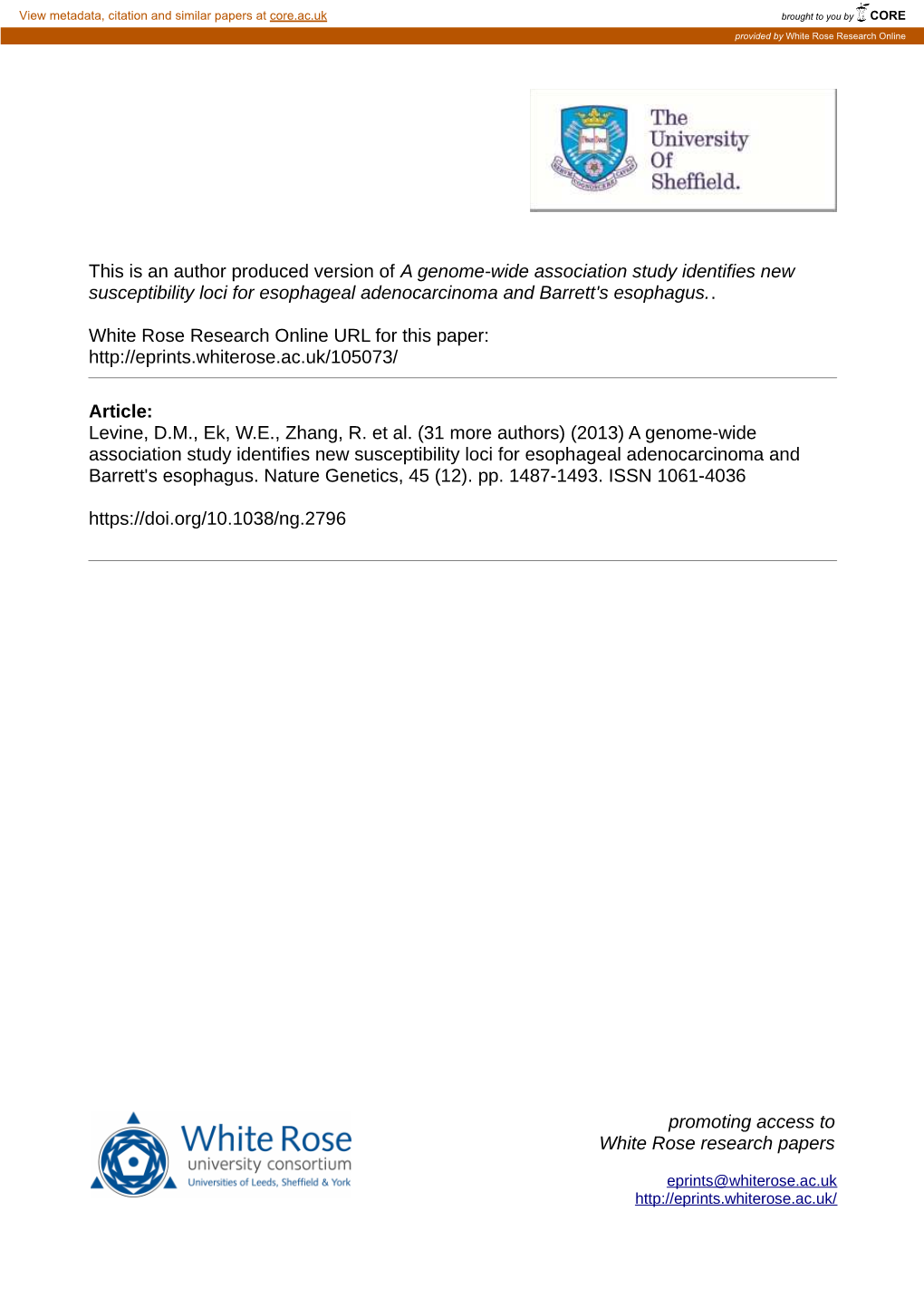 A Genome-Wide Association Study Identifies New Susceptibility Loci for Esophageal Adenocarcinoma and Barrett's Esophagus