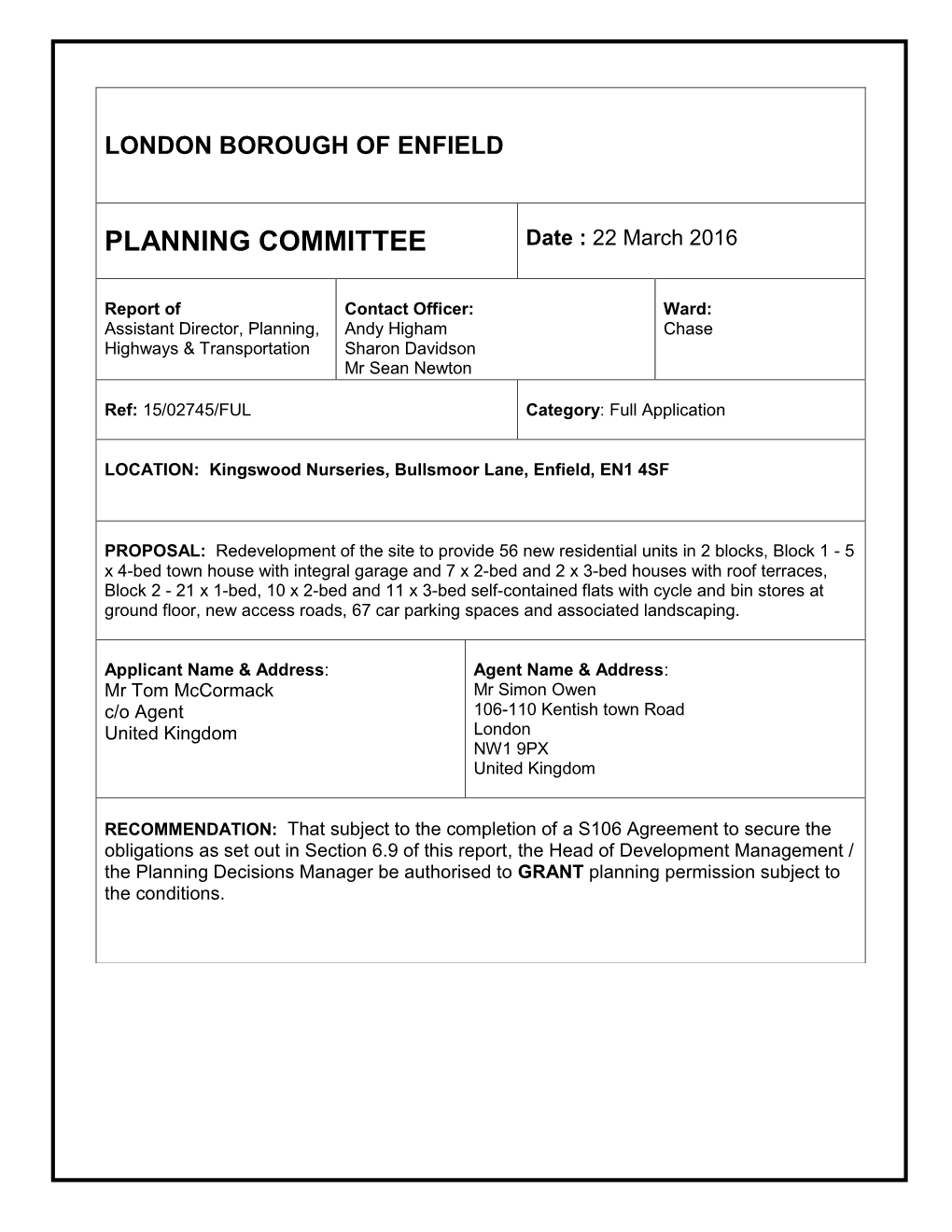 PLANNING COMMITTEE Date : 22 March 2016