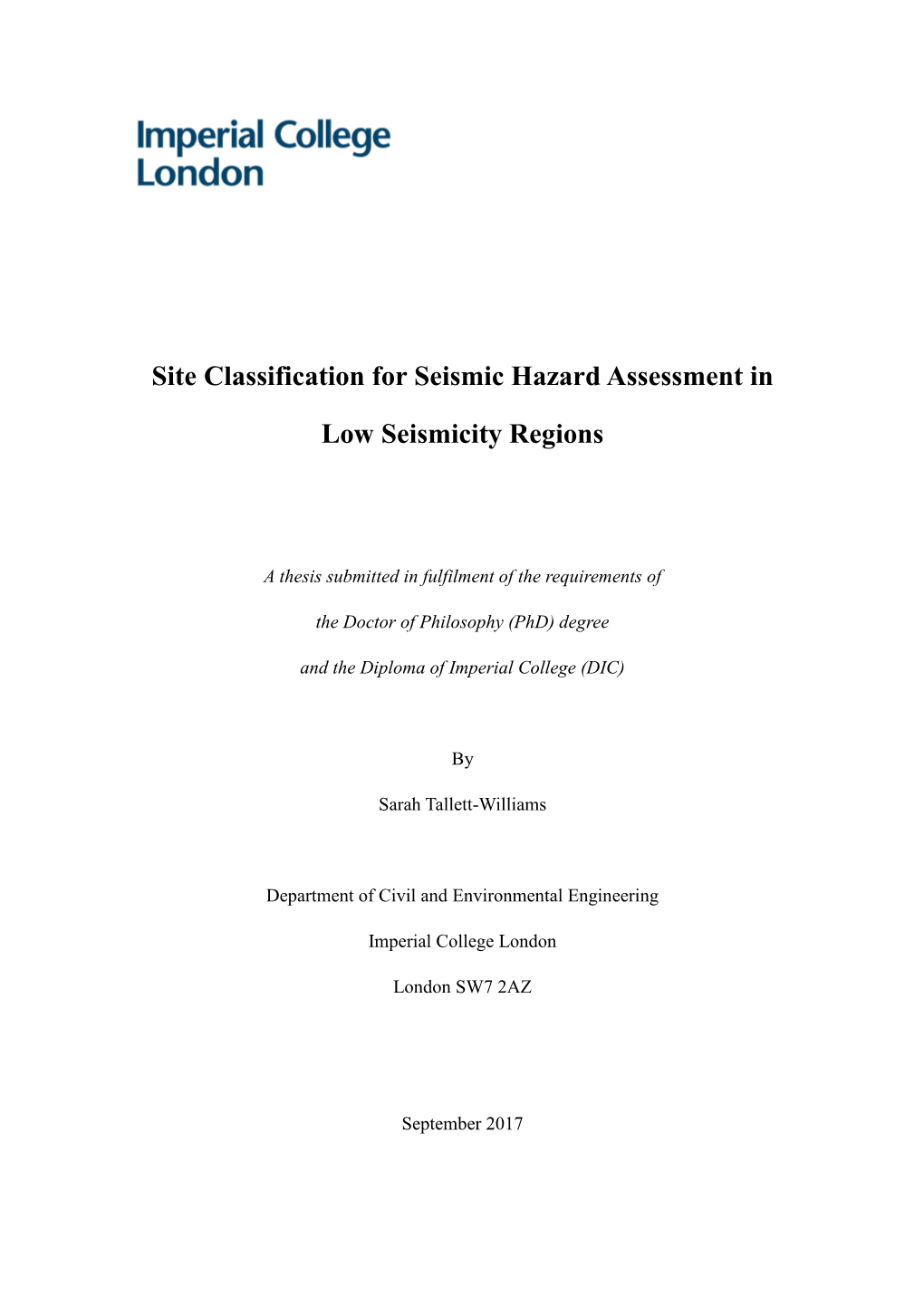 Site Classification for Seismic Hazard Assessment in Low Seismicity Regions