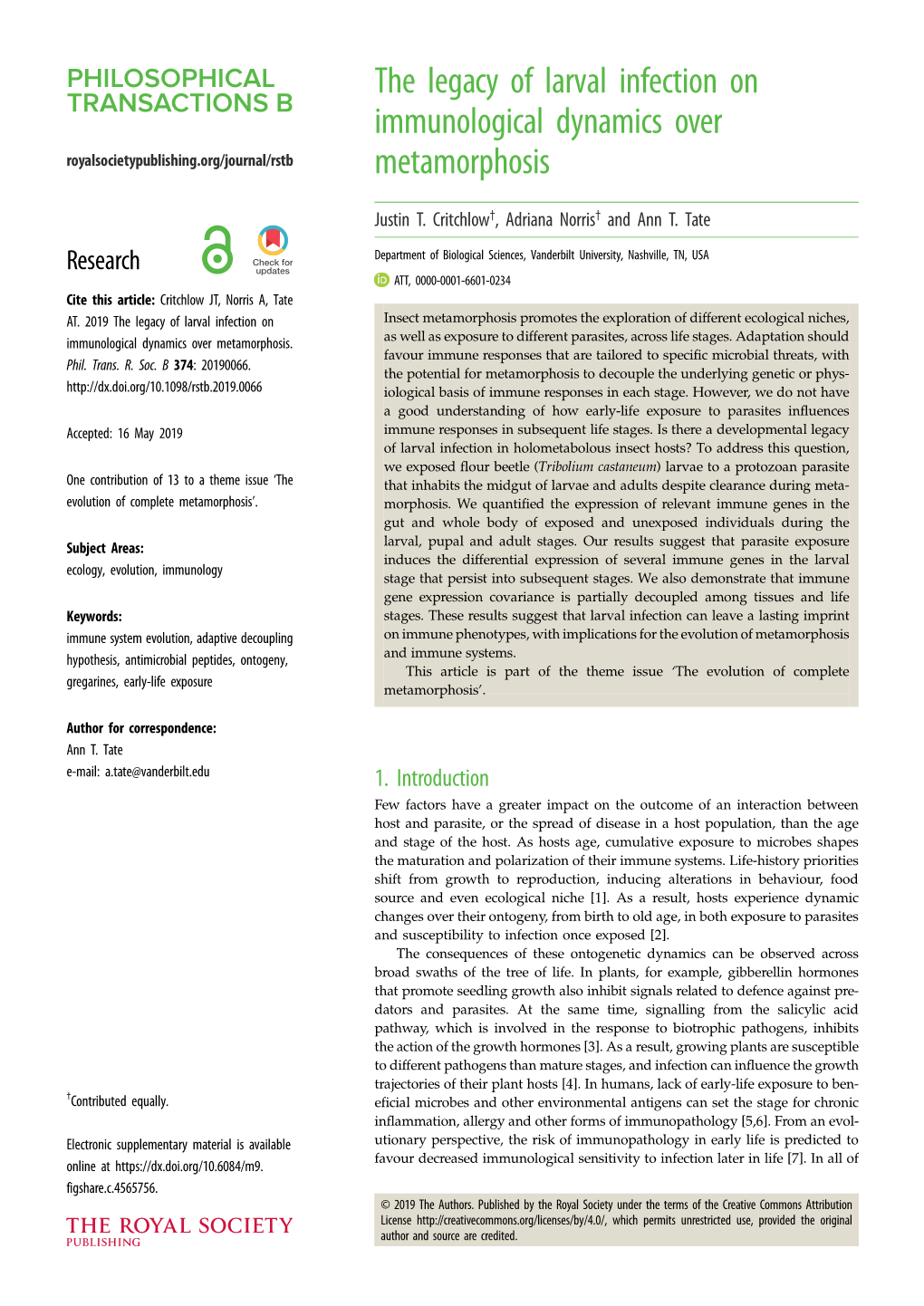 The Legacy of Larval Infection on Immunological Dynamics Over Royalsocietypublishing.Org/Journal/Rstb Metamorphosis