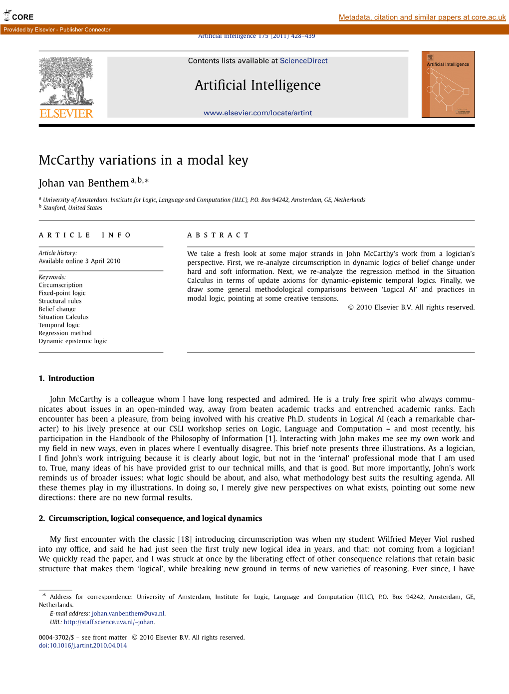 Mccarthy Variations in a Modal Key ∗ Johan Van Benthem A,B