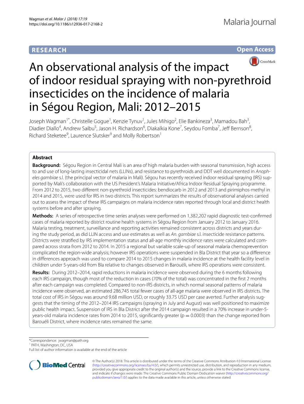 An Observational Analysis of the Impact of Indoor Residual Spraying