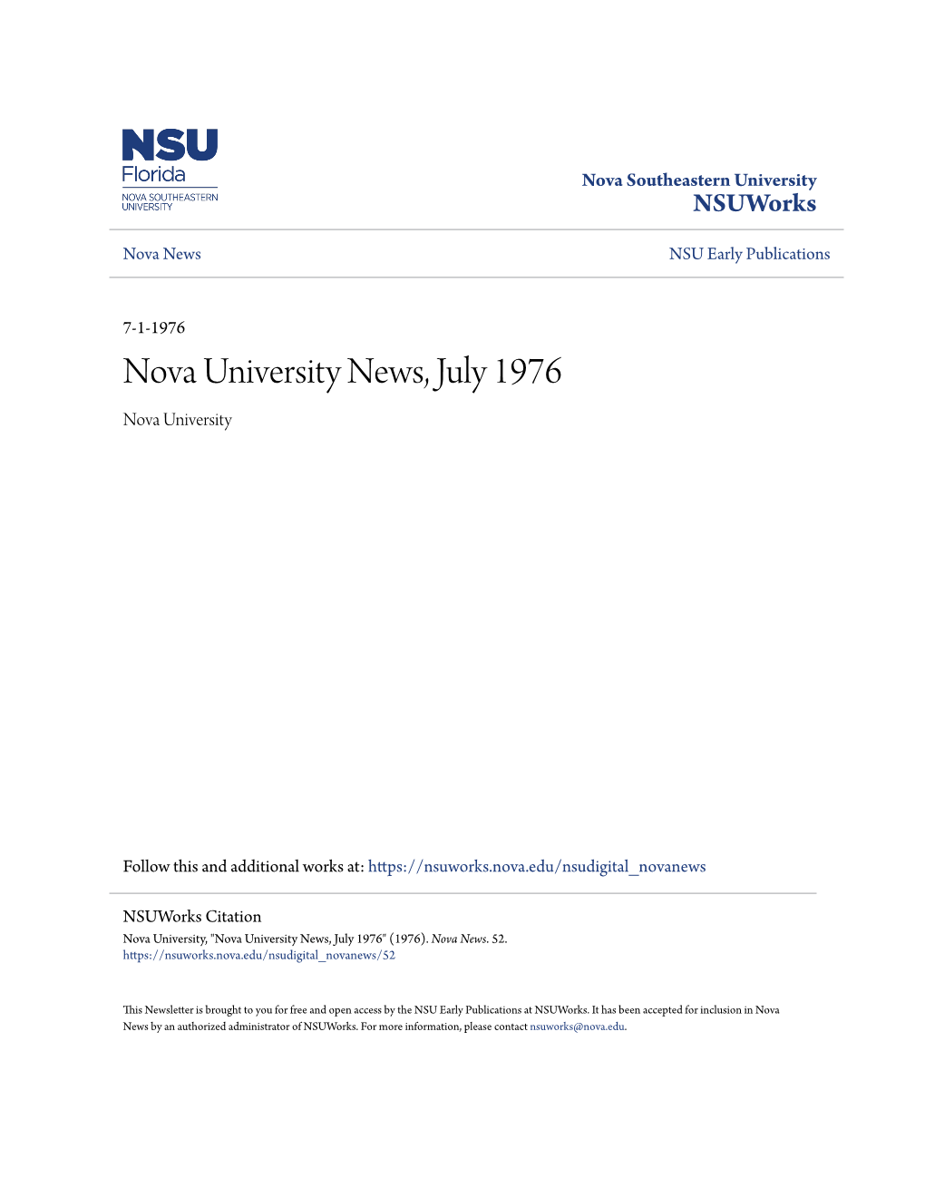 Nova University News, July 1976 Nova University