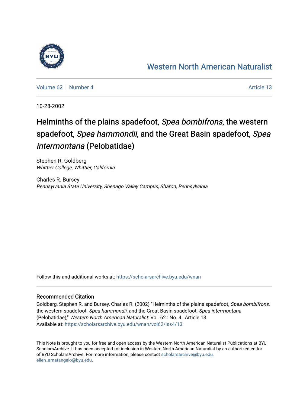 Helminths of the Plains Spadefoot, Spea Bombifrons, the Western Spadefoot, Spea Hammondii, and the Great Basin Spadefoot, Spea Intermontana (Pelobatidae)