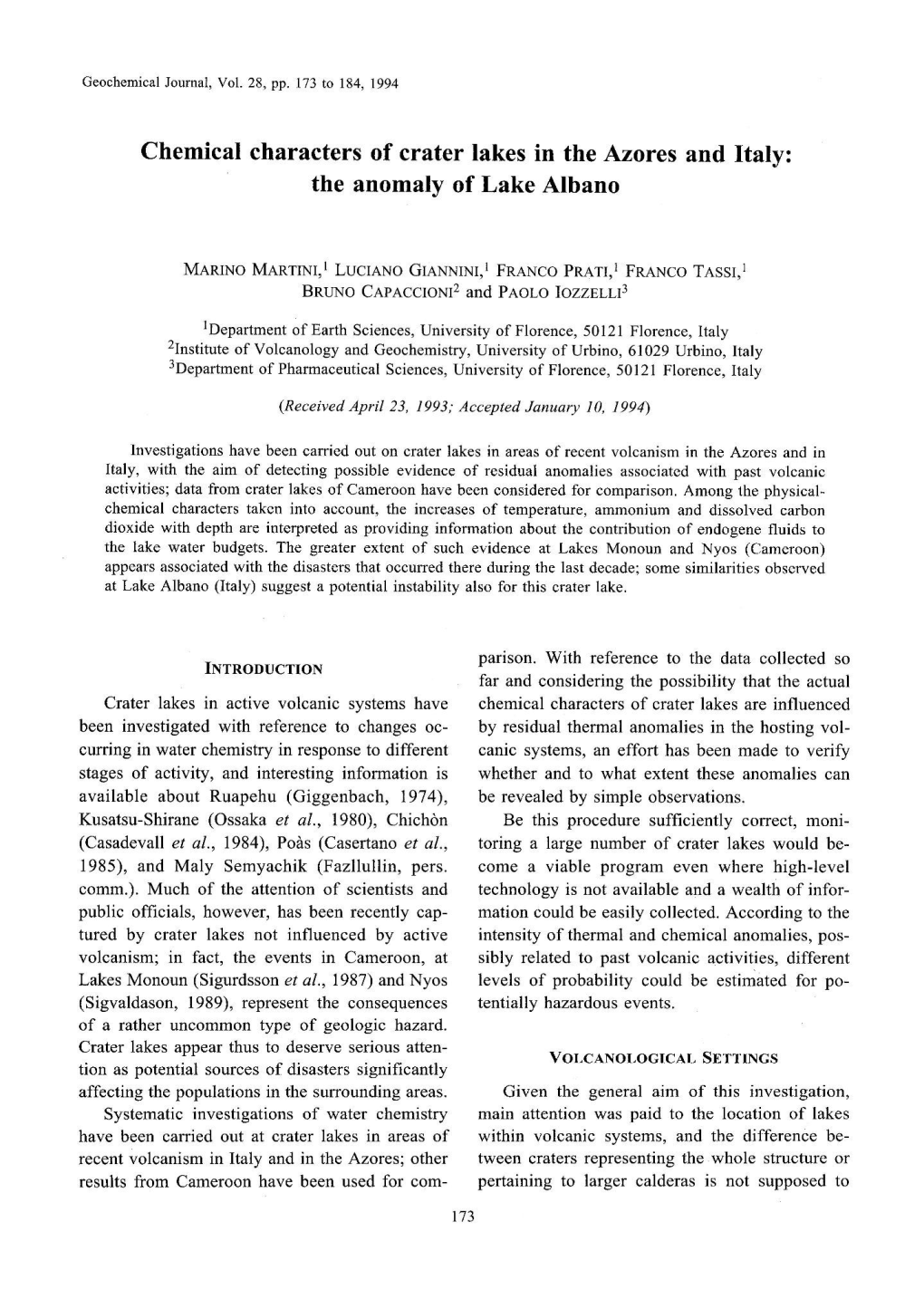 Geochemicaljournal,Vol.28,Pp. 173To 184,1994 C H